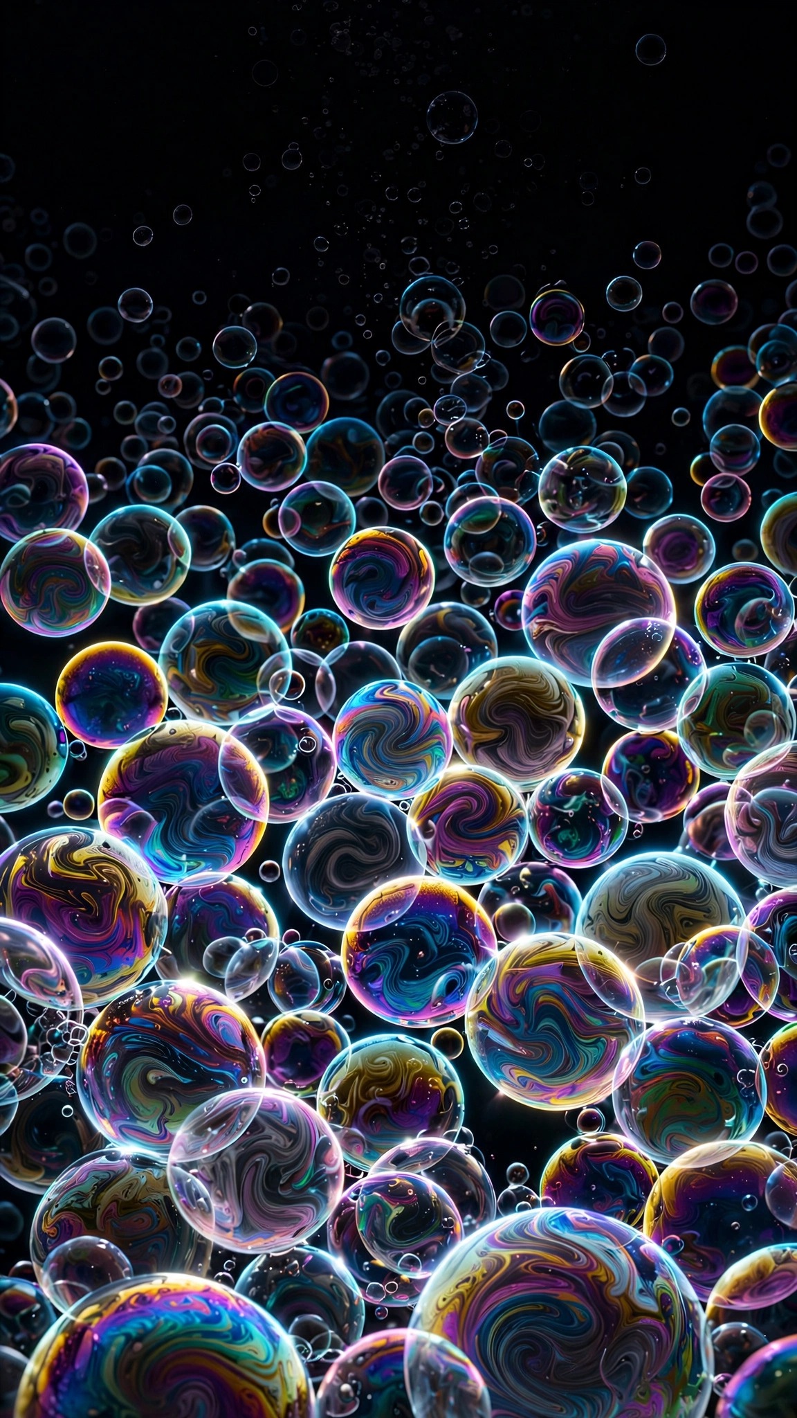 Iridescent soap bubbles with rainbow film colors on black, vertical abstract wallpaper