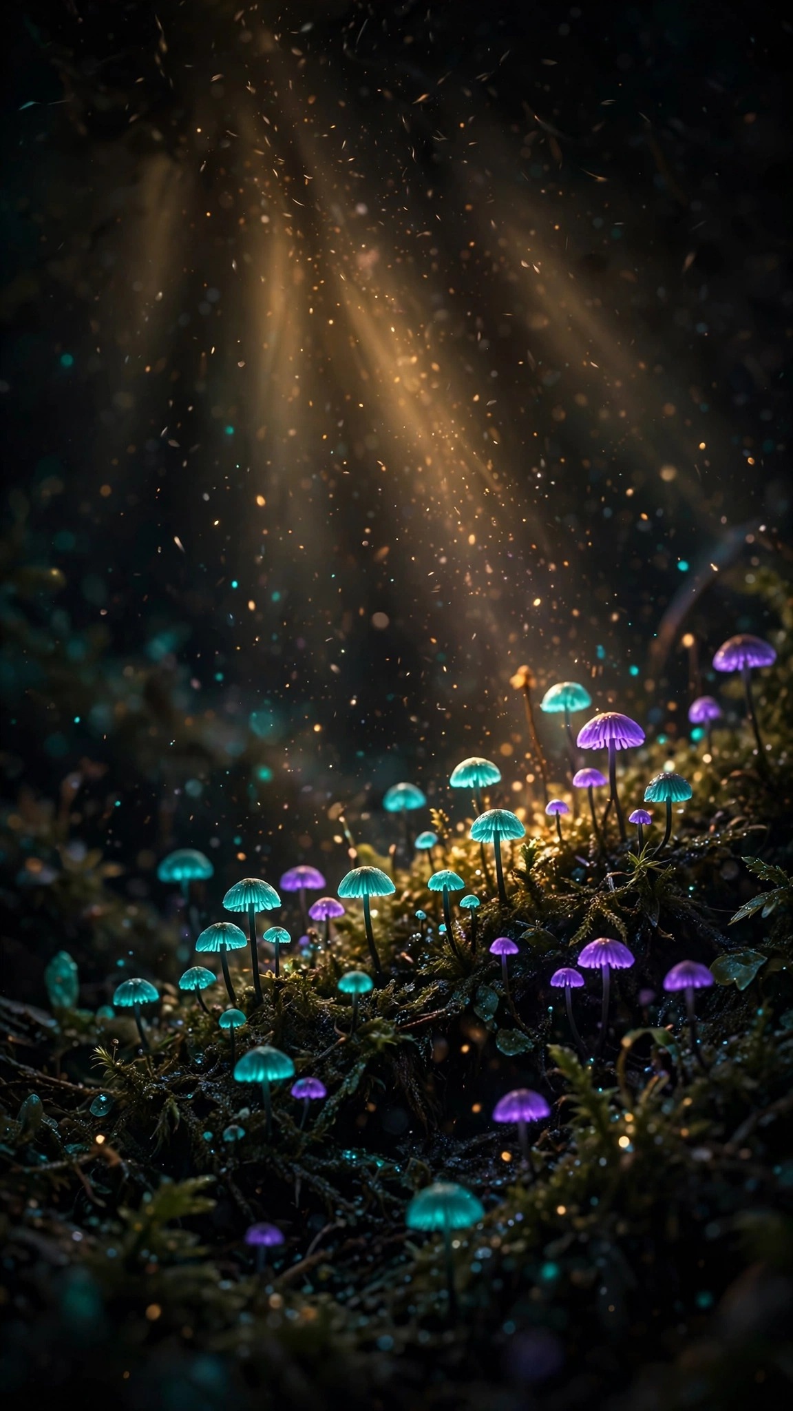 Bioluminescent teal and violet mushrooms glowing in dark forest, abstract nature wallpaper