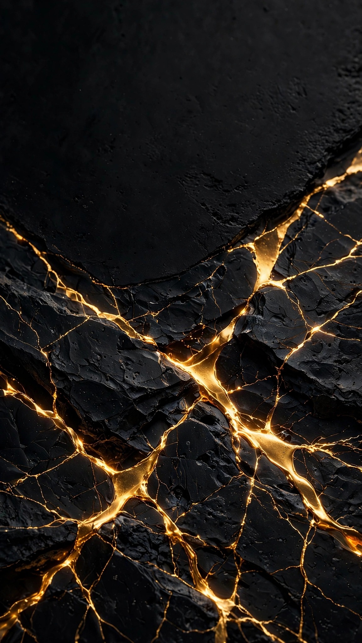 Glowing gold kintsugi veins across black obsidian stone, gold on black abstract wallpaper