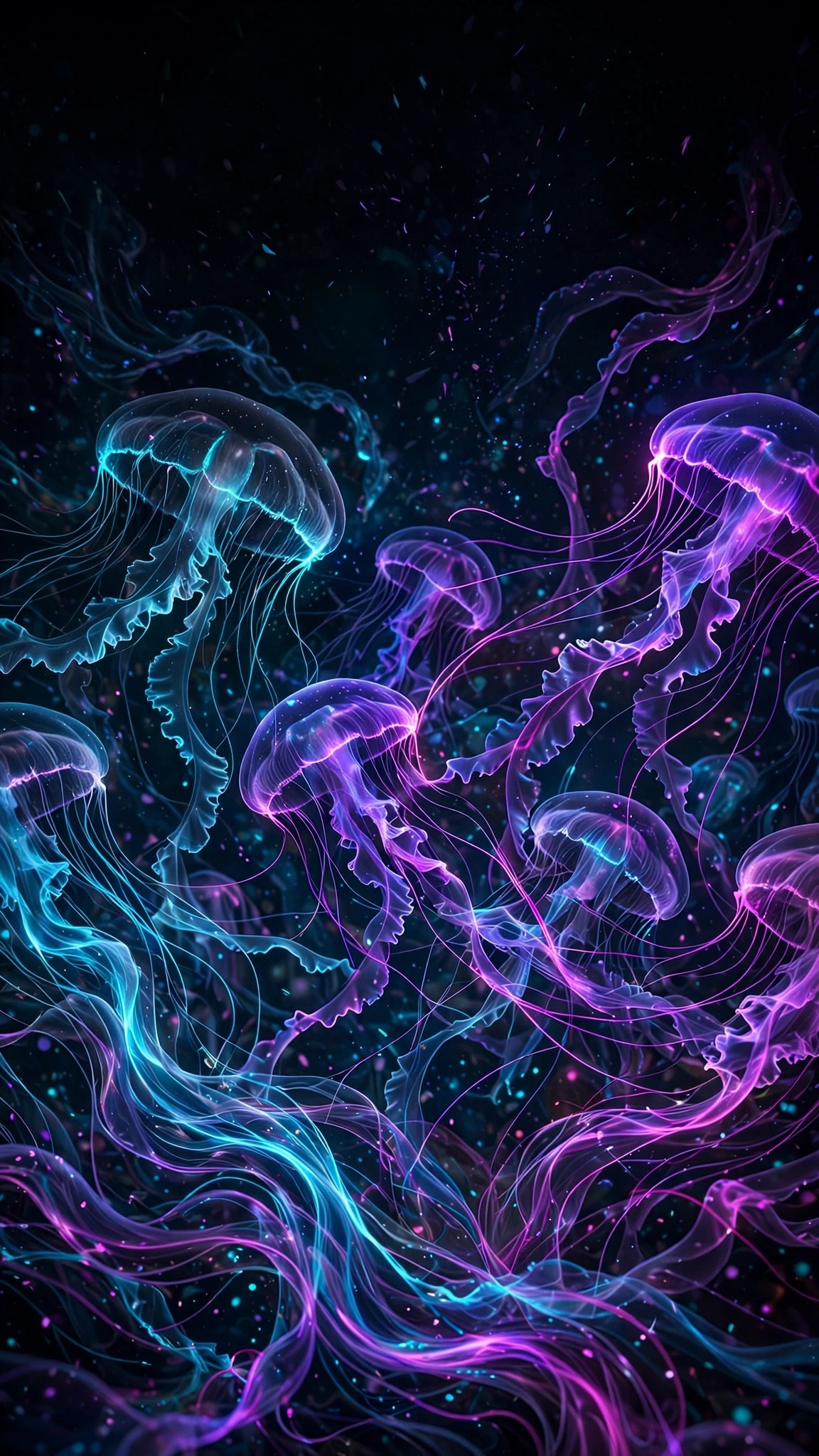 Glowing neon jellyfish tendrils in dark deep-sea water
