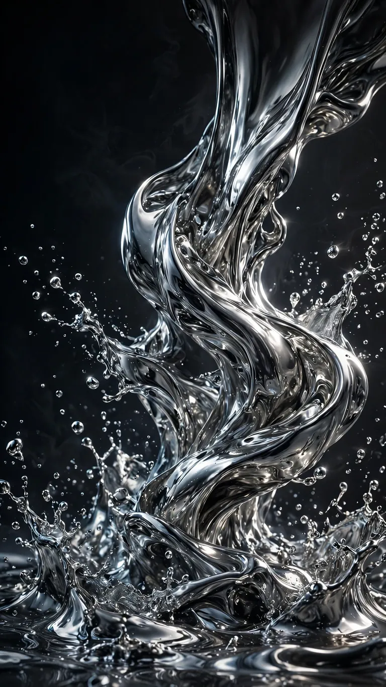 Liquid silver mercury pouring over darkness with chrome reflections