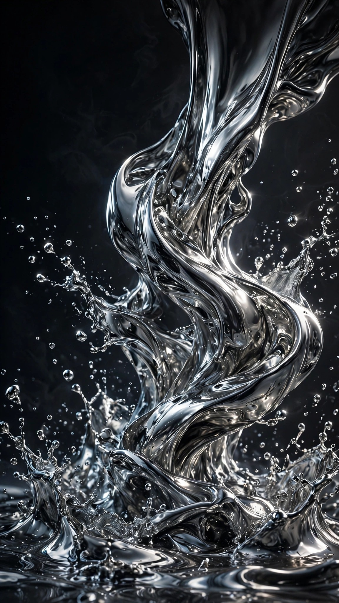 Liquid silver mercury pouring over darkness with chrome reflections