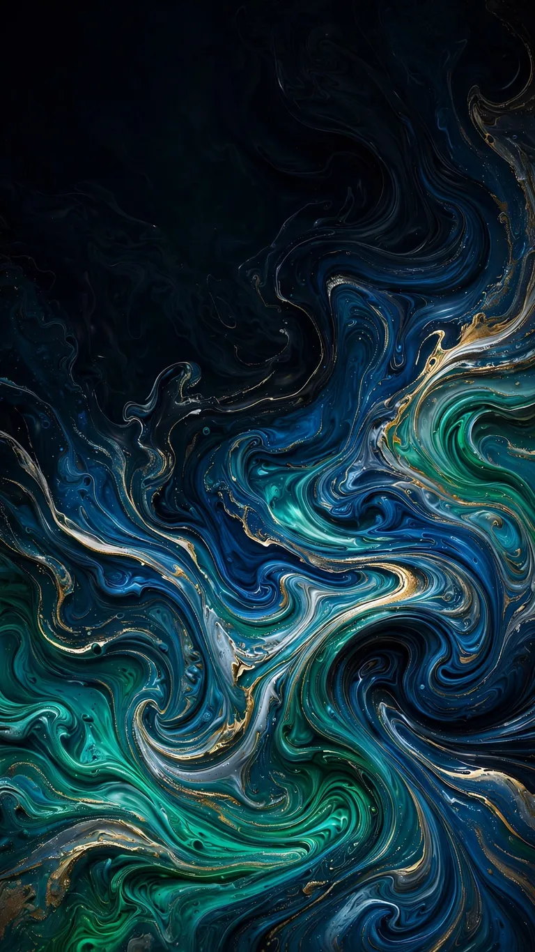 Deep petrol-blue and teal marble ink waves with gold threads on black