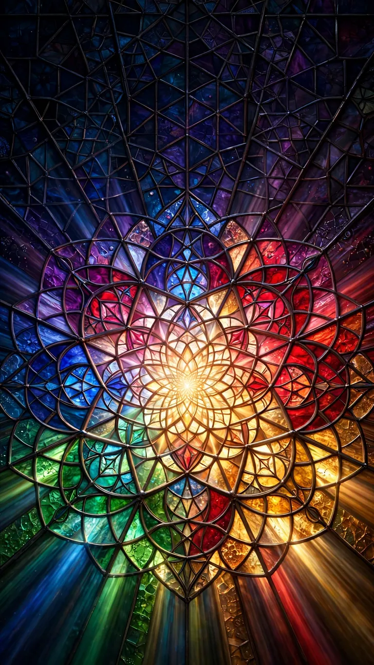 Radiant stained-glass mosaic in jewel tones with glowing light