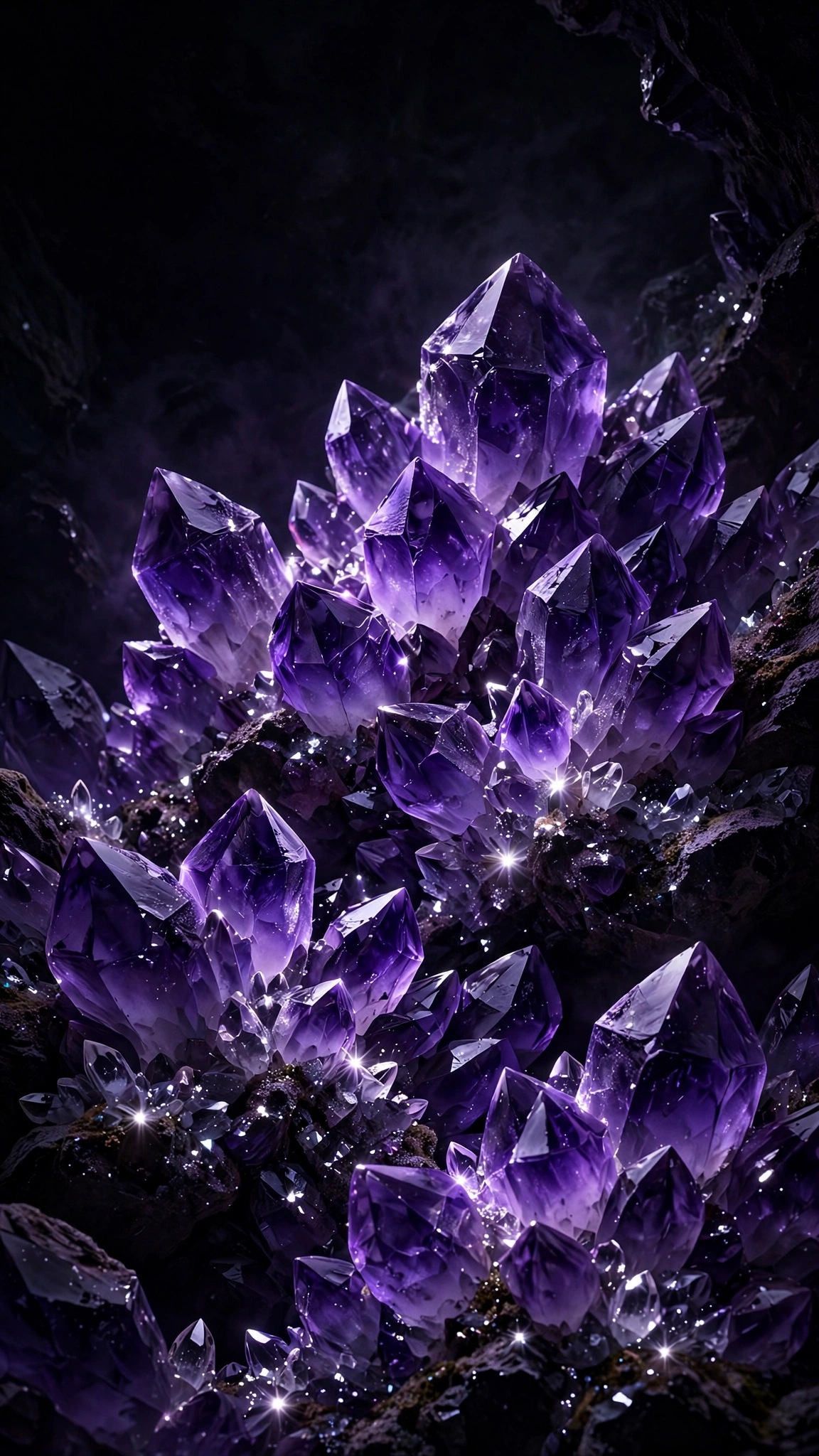 Violet amethyst geode crystal cluster glowing on black