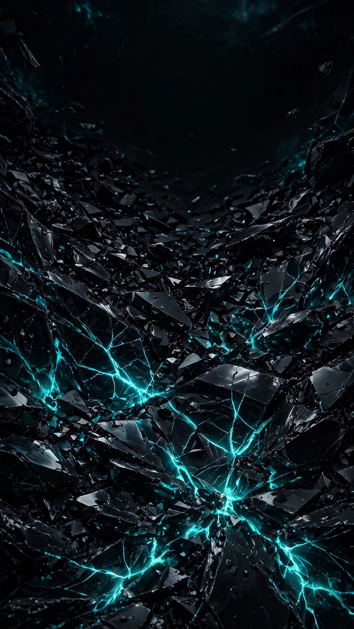 Shattered black obsidian mirror with glowing teal fissures