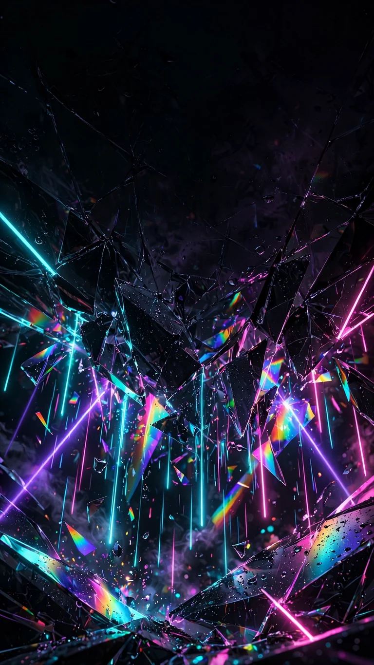 Cyan and magenta laser rain streaks refracting through dark glass prisms