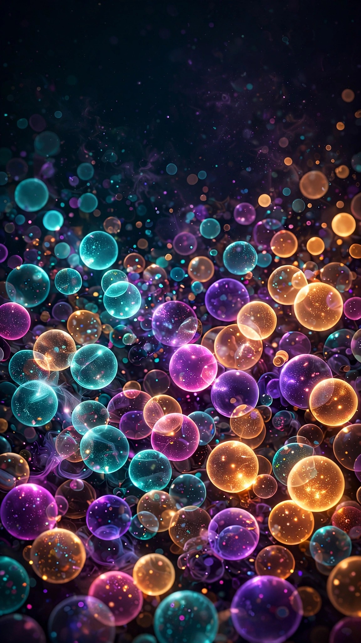 Abstract glowing bokeh light orbs wallpaper in teal, magenta and amber