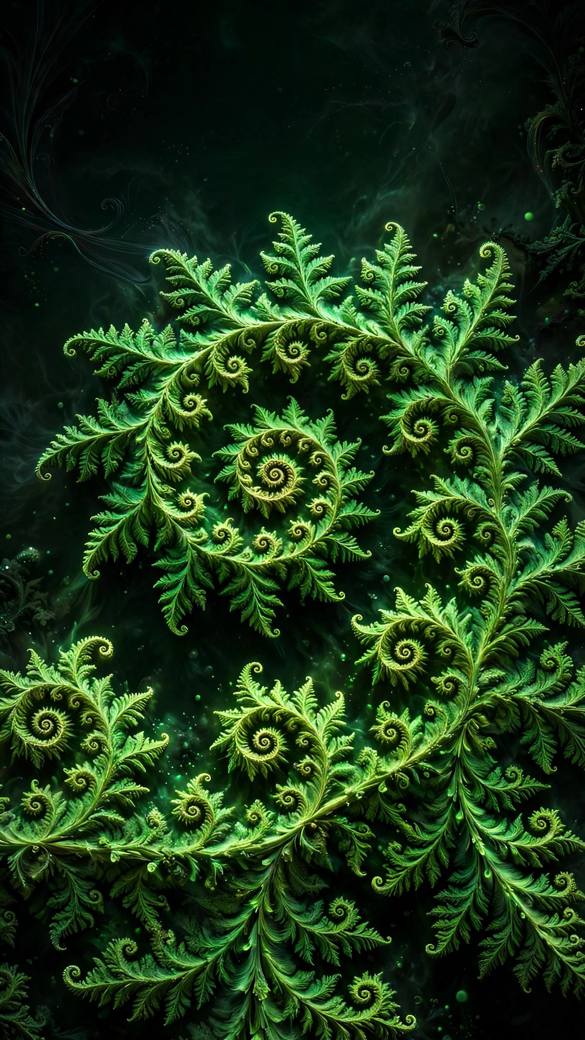 Abstract glowing fractal fern spiral wallpaper in emerald green