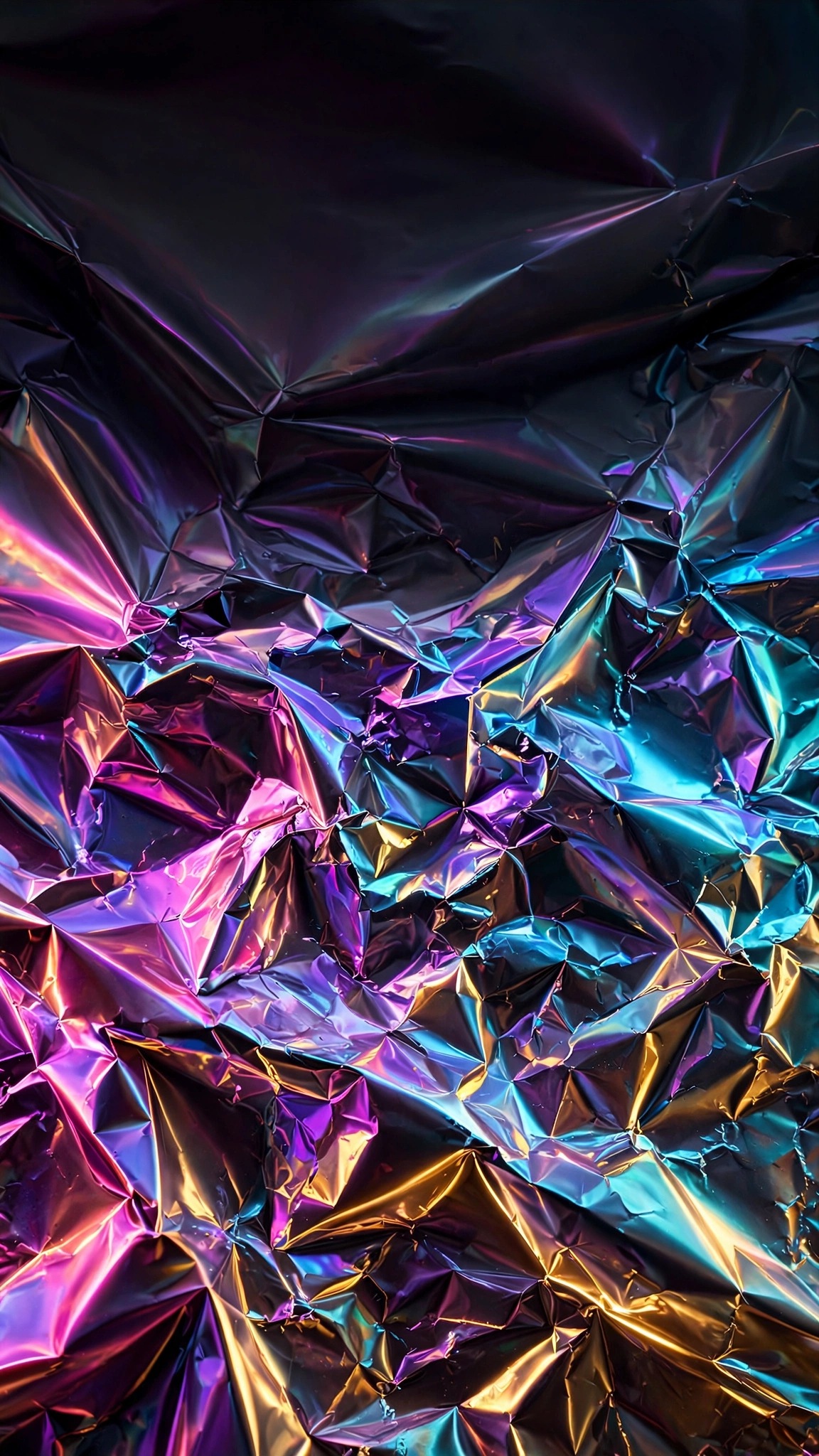 Abstract crinkled holographic foil wallpaper with rainbow reflections
