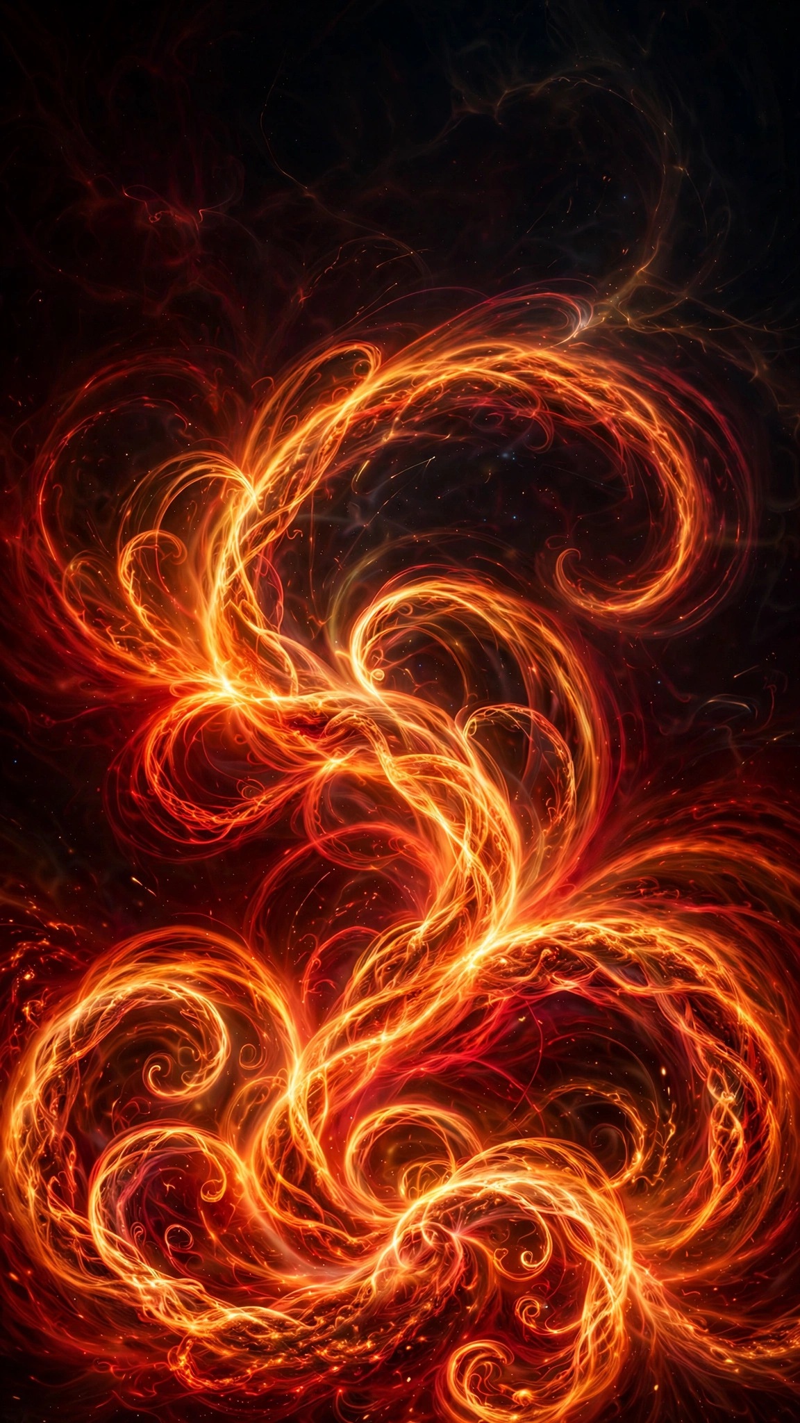 Abstract solar flare plasma arcs wallpaper in orange and gold on black