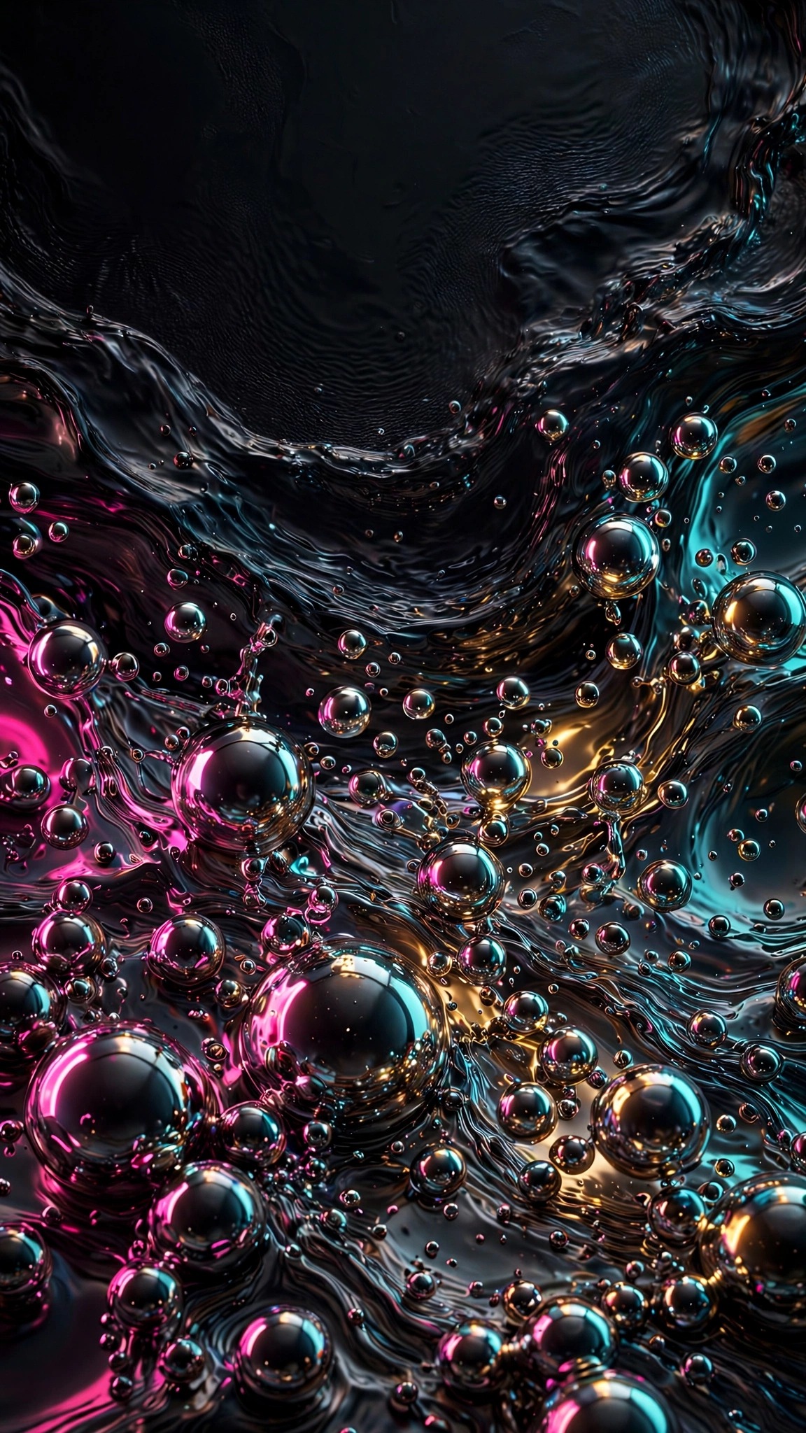 Liquid chrome orbs reflecting neon pink cyan and gold abstract wallpaper