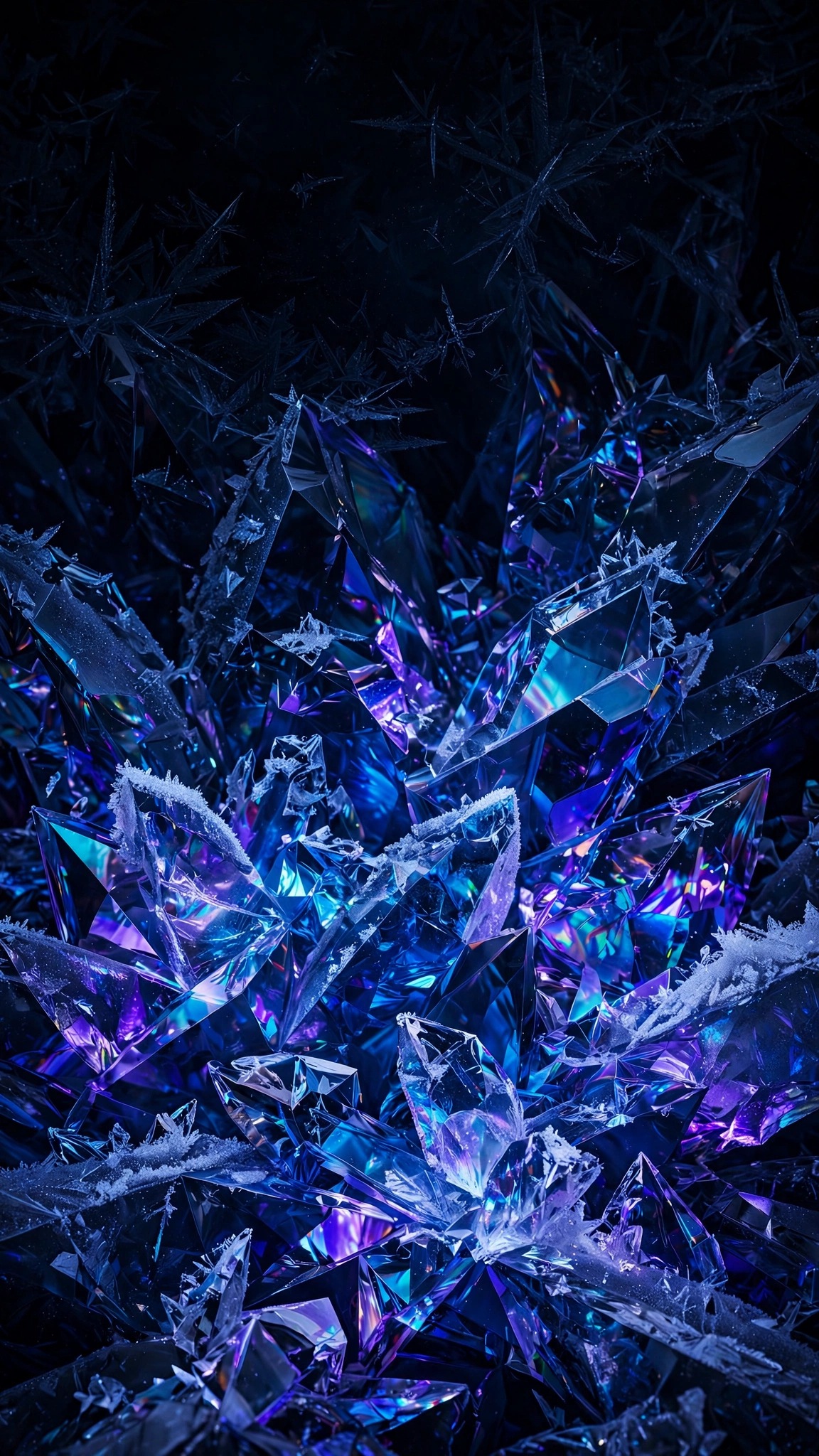 Sapphire ice crystal shards refracting cyan and violet light abstract wallpaper
