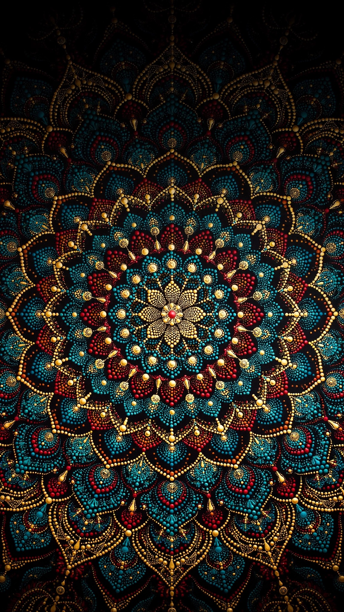 Golden mandala dot art in gold teal and crimson abstract wallpaper