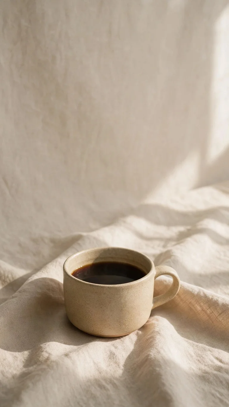Aesthetic coffee cup on beige linen with window light shadows