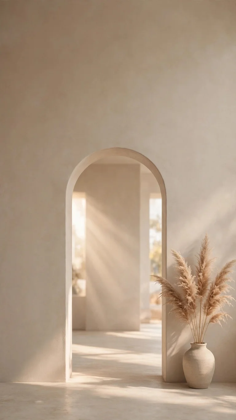 Beige minimalist arch doorway with dried pampas grass in soft sunlight