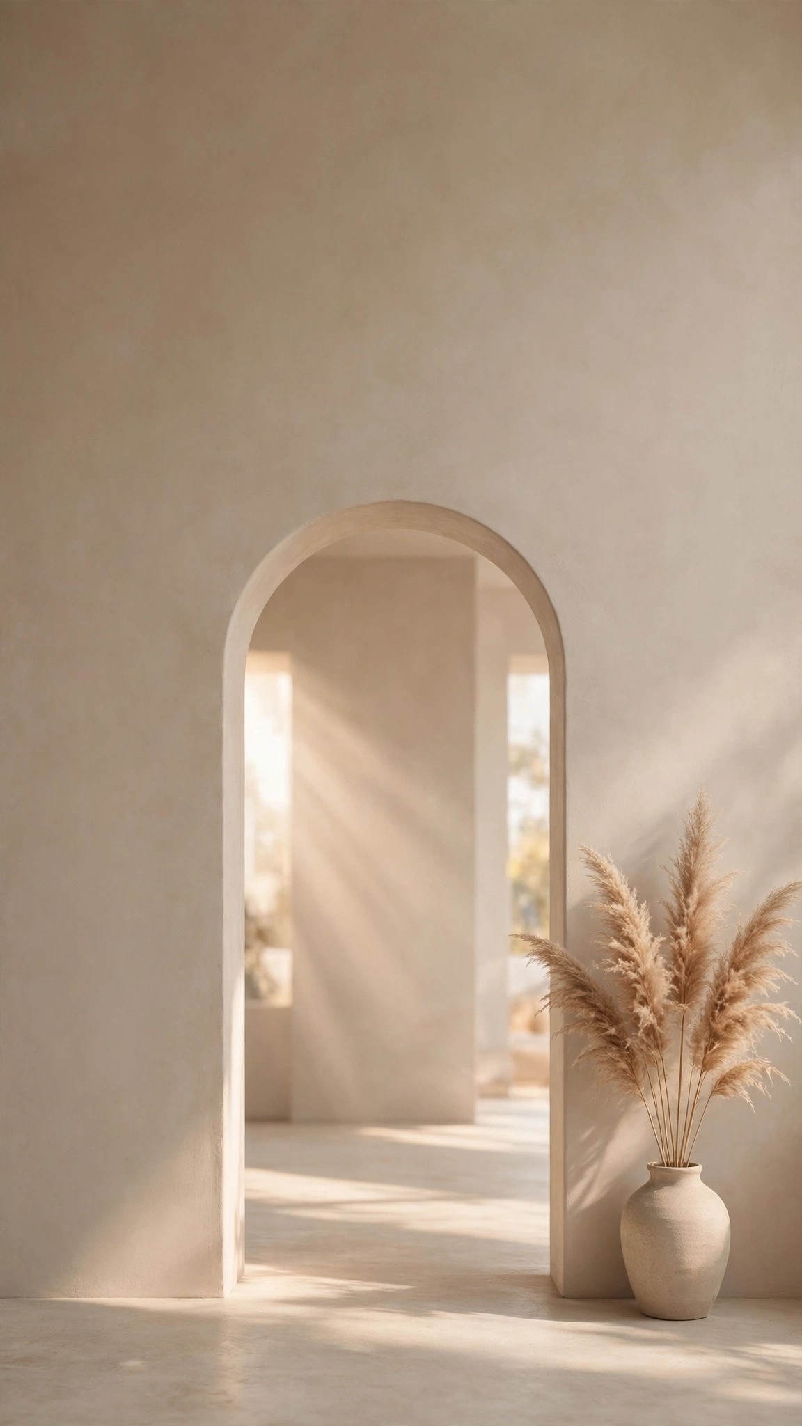 Beige minimalist arch doorway with dried pampas grass in soft sunlight