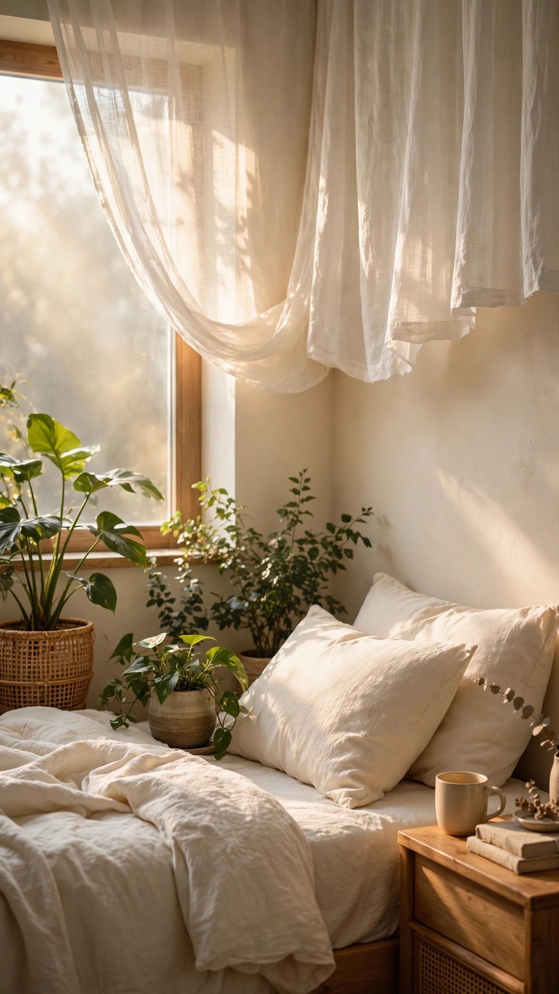 Cozy aesthetic bedroom corner with plants in morning light