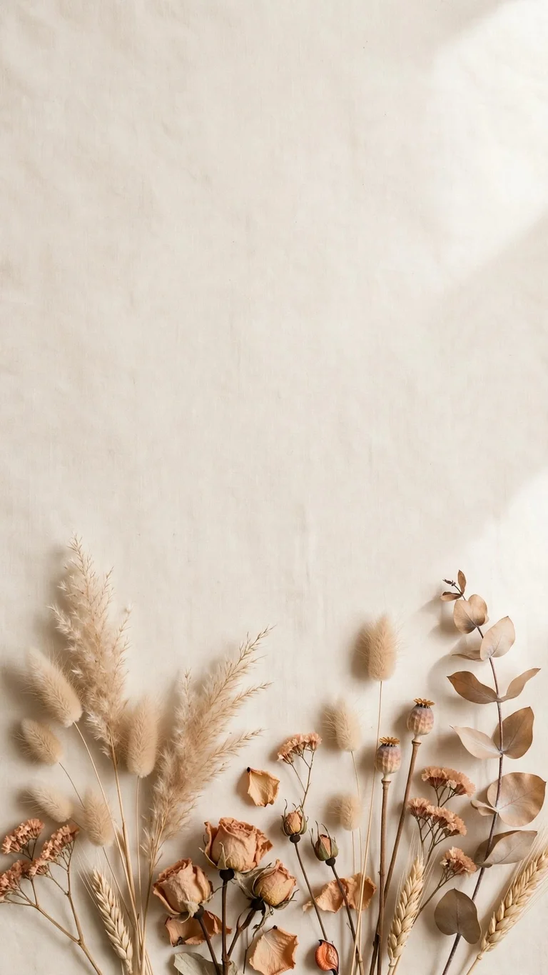 Dried flowers minimal flat lay on cream background