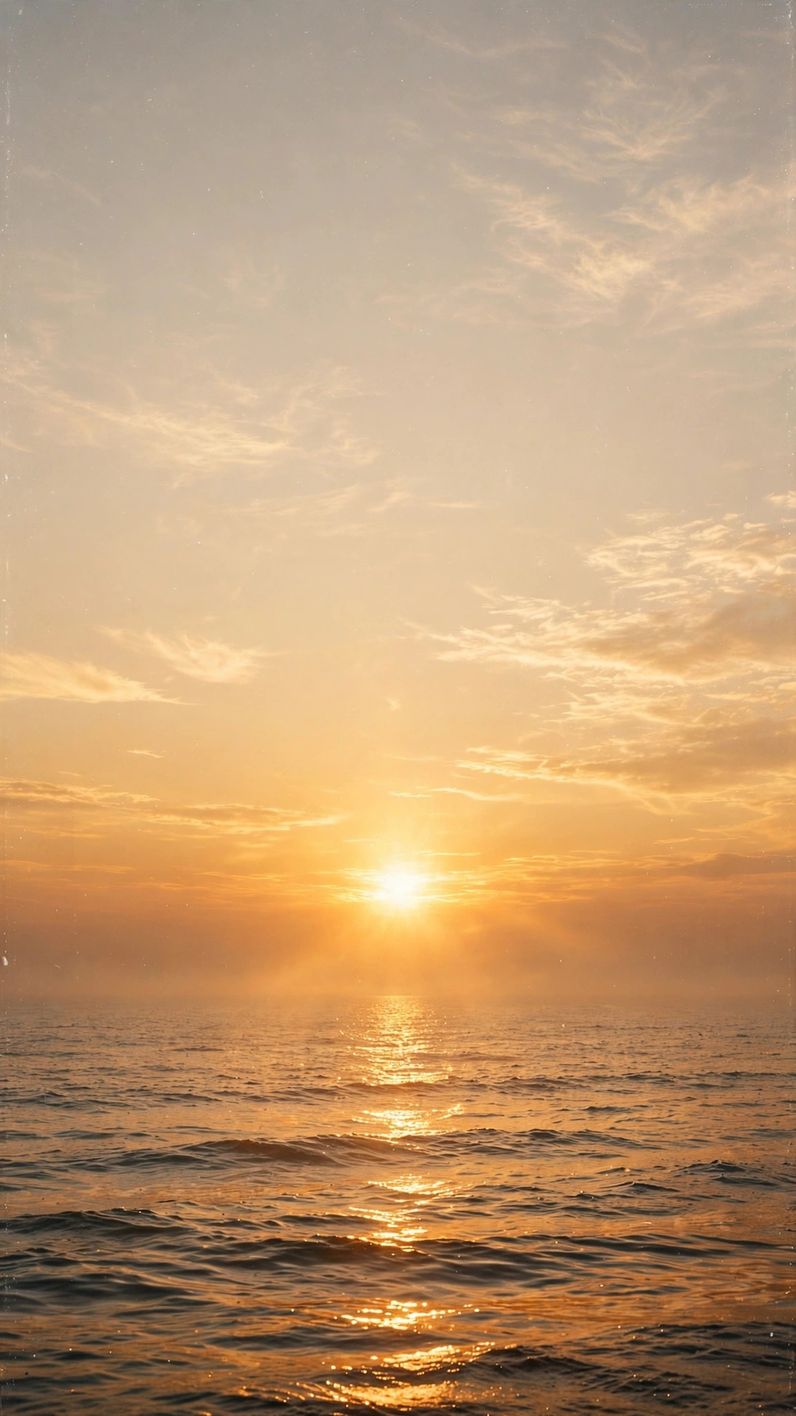 Grainy film aesthetic sunset over calm sea in warm tones