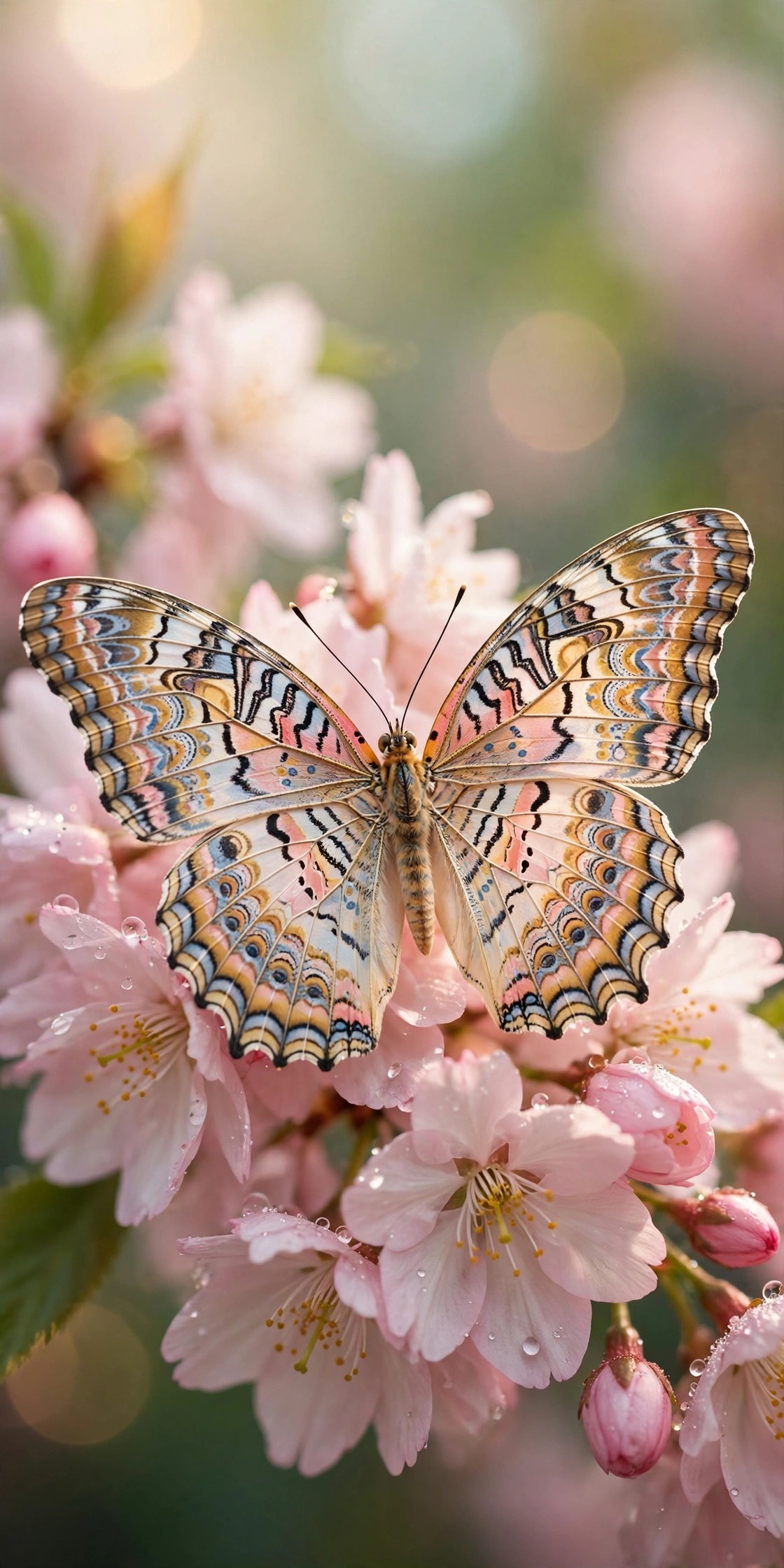 Pastel butterfly on soft blush pink petals, dreamy mood