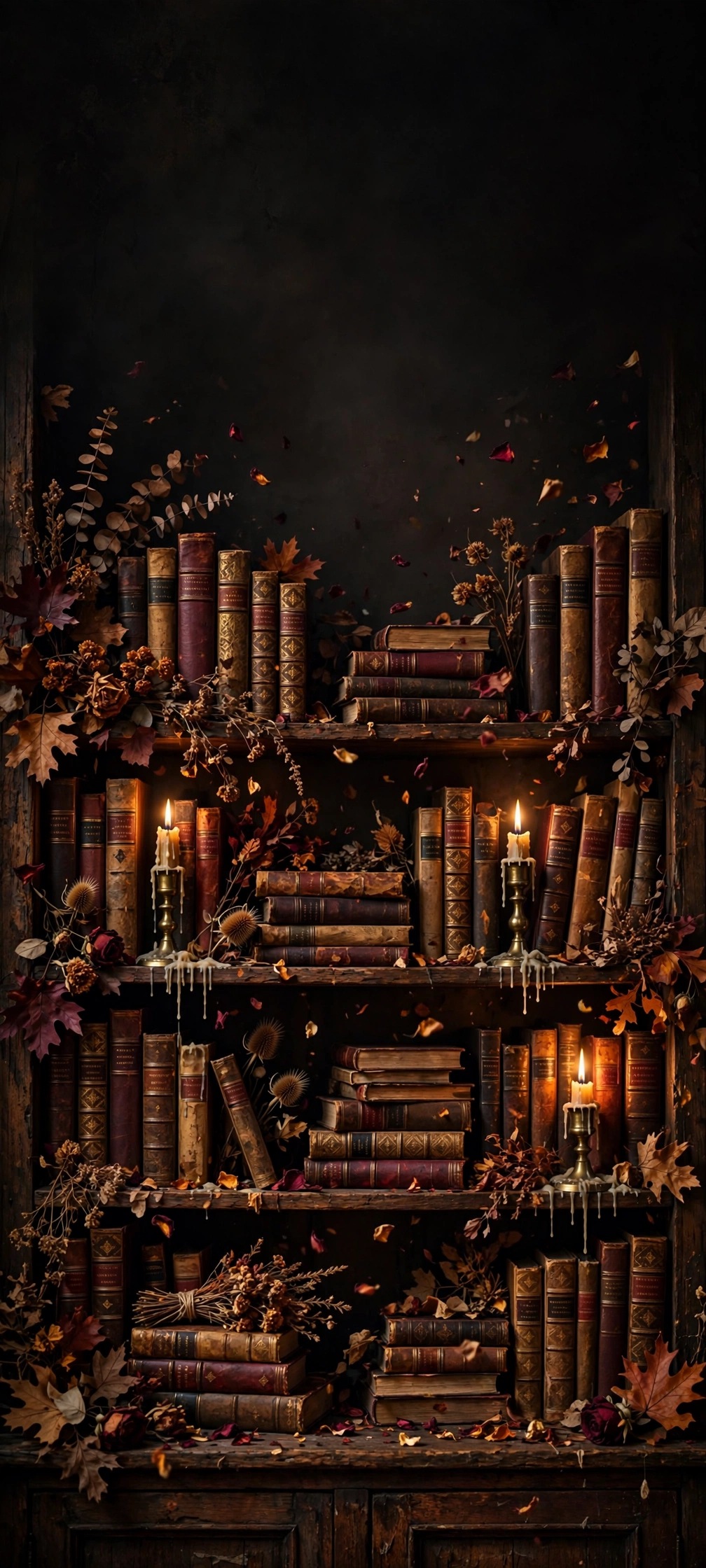 old bookshelf with lit candles and dried autumn flowers