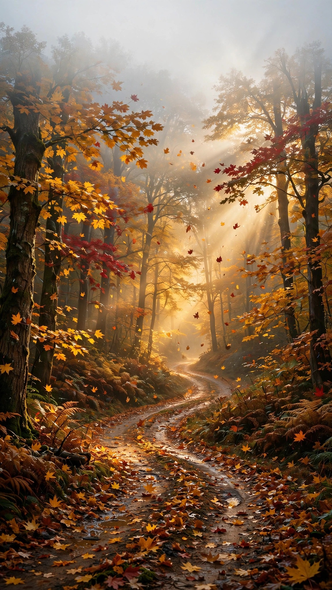 winding road through golden autumn forest with sunbeams