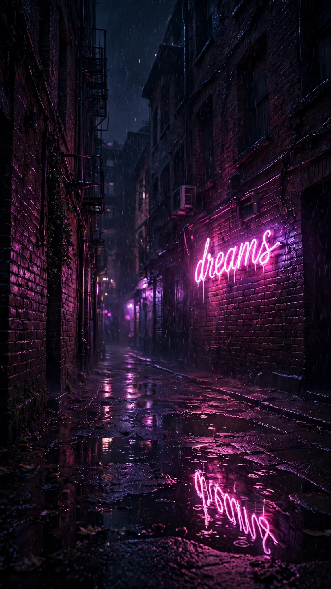 glowing pink neon dreams sign in a rainy alley