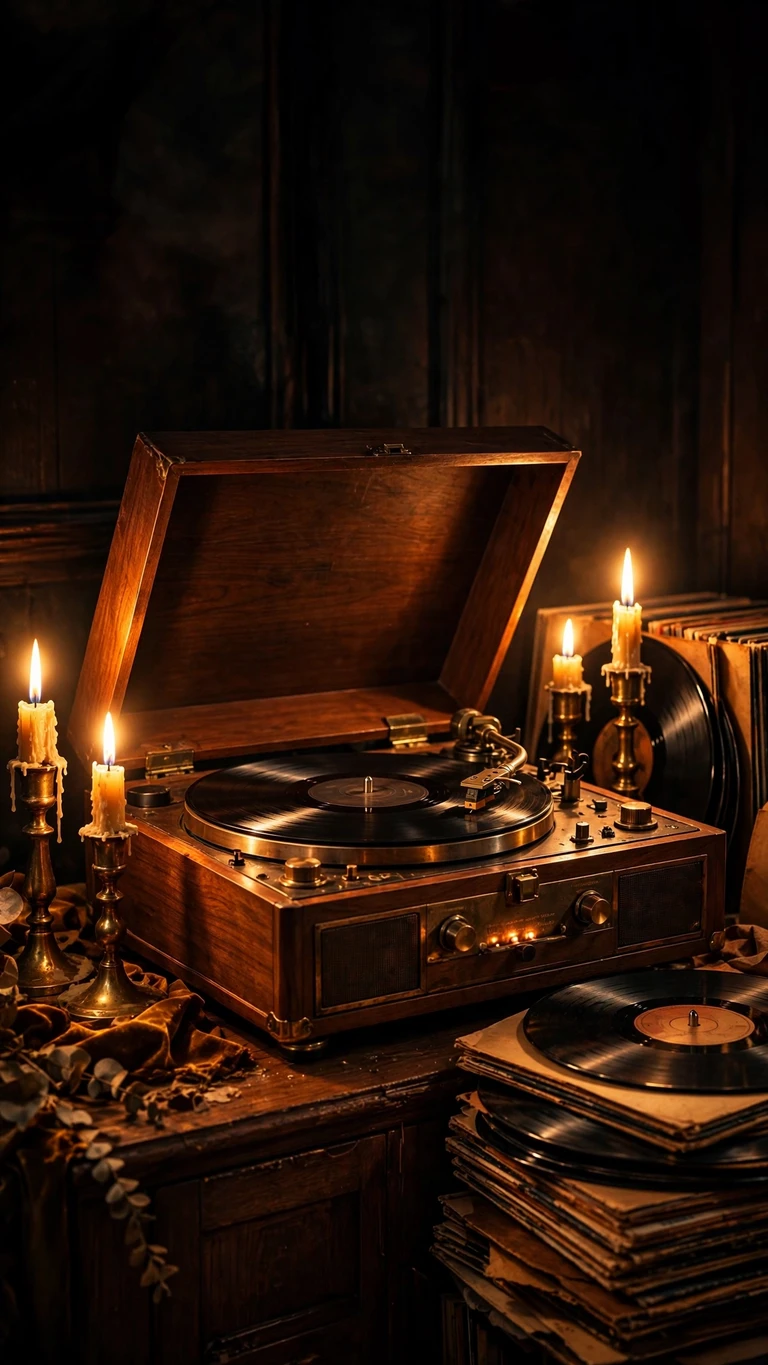 candlelit vintage vinyl player aesthetic wallpaper