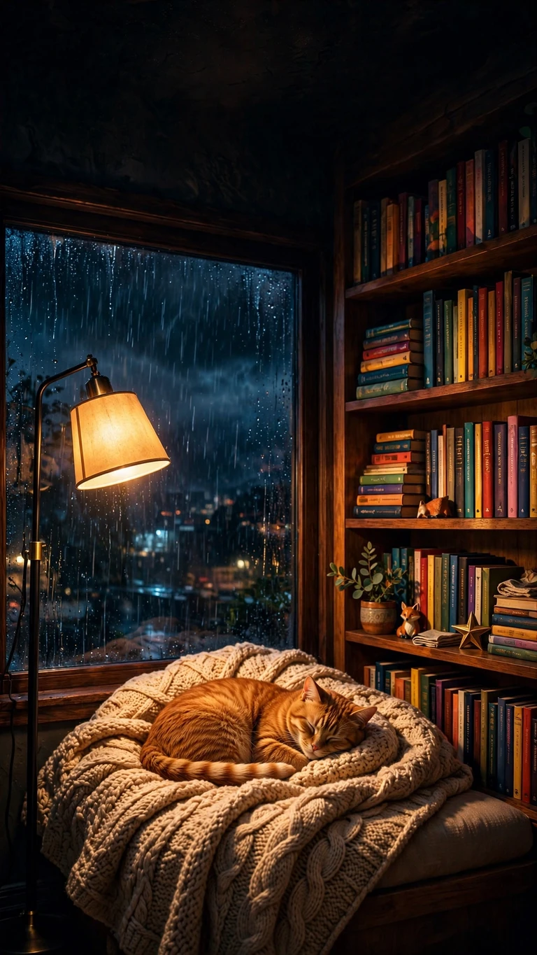ginger cat in a cozy reading nook wallpaper