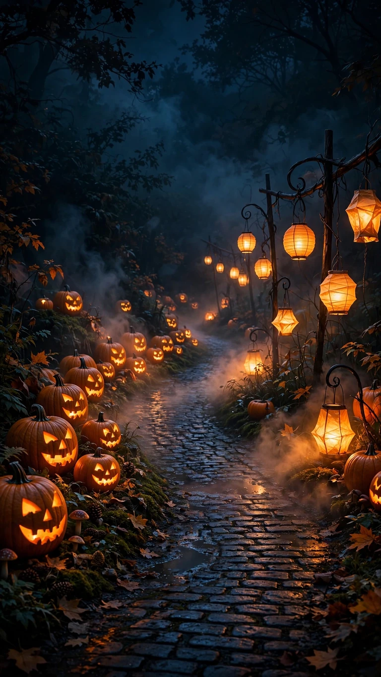 pumpkins and lanterns on a foggy path wallpaper