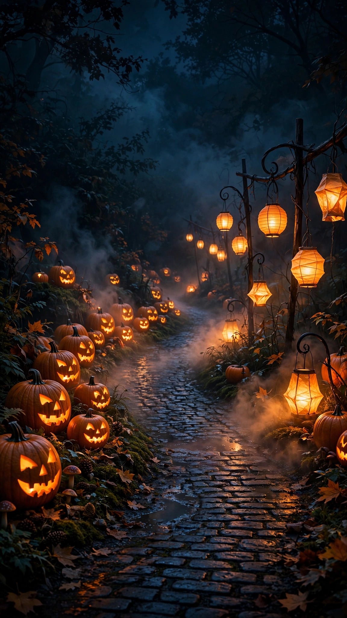 pumpkins and lanterns on a foggy path wallpaper