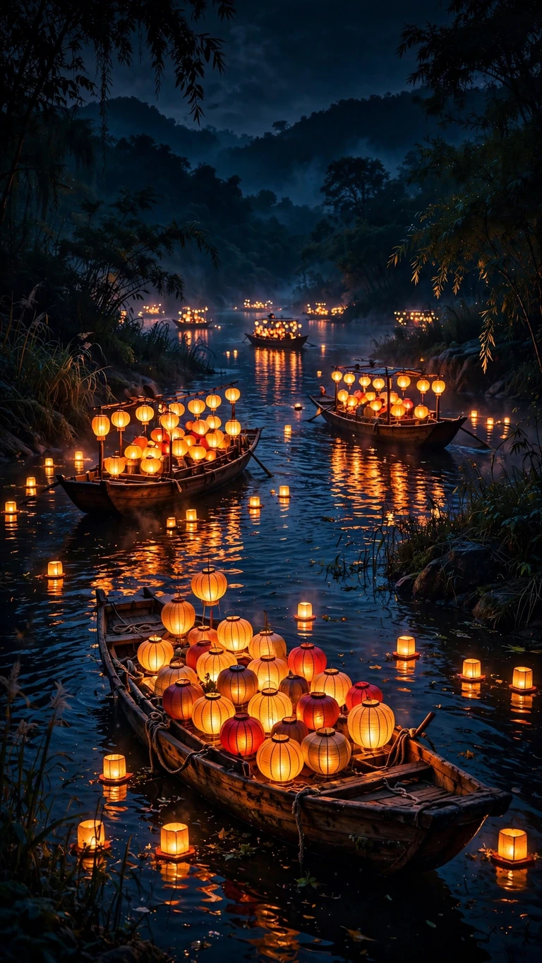 boats with glowing lanterns on a river wallpaper