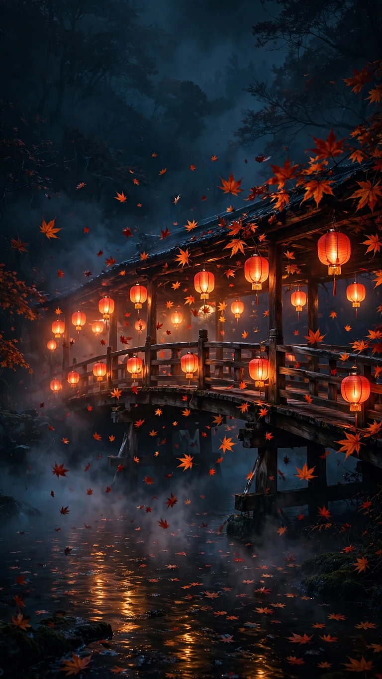 misty bridge with red lanterns and maple leaves wallpaper
