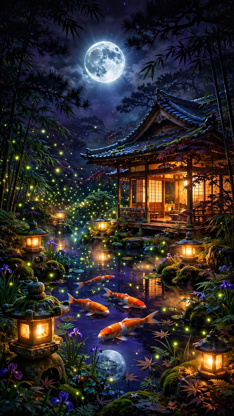 moonlit teahouse garden with koi pond wallpaper