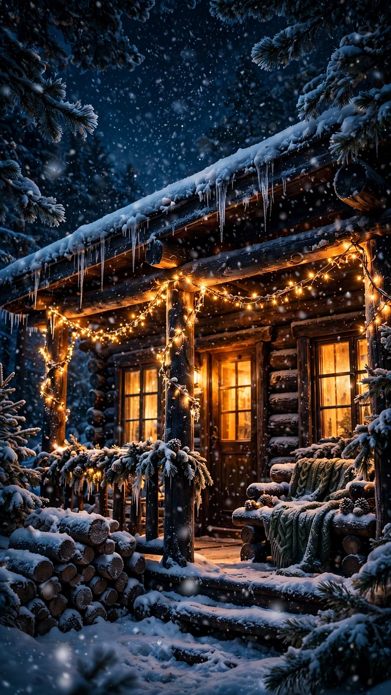 snowy cabin porch with fairy lights wallpaper