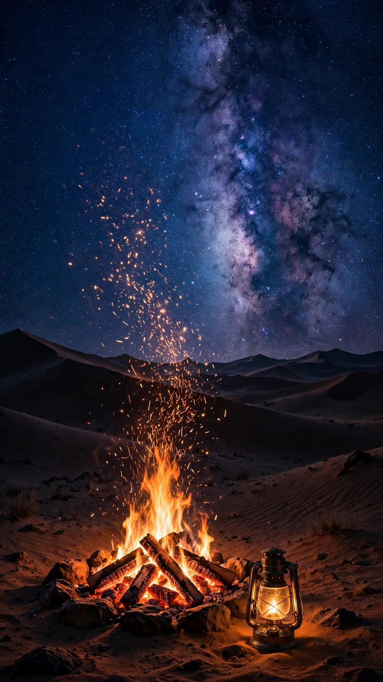 desert campfire under starry sky wallpaper