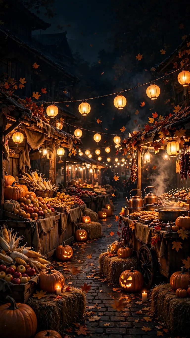 autumn harvest market with glowing lanterns wallpaper