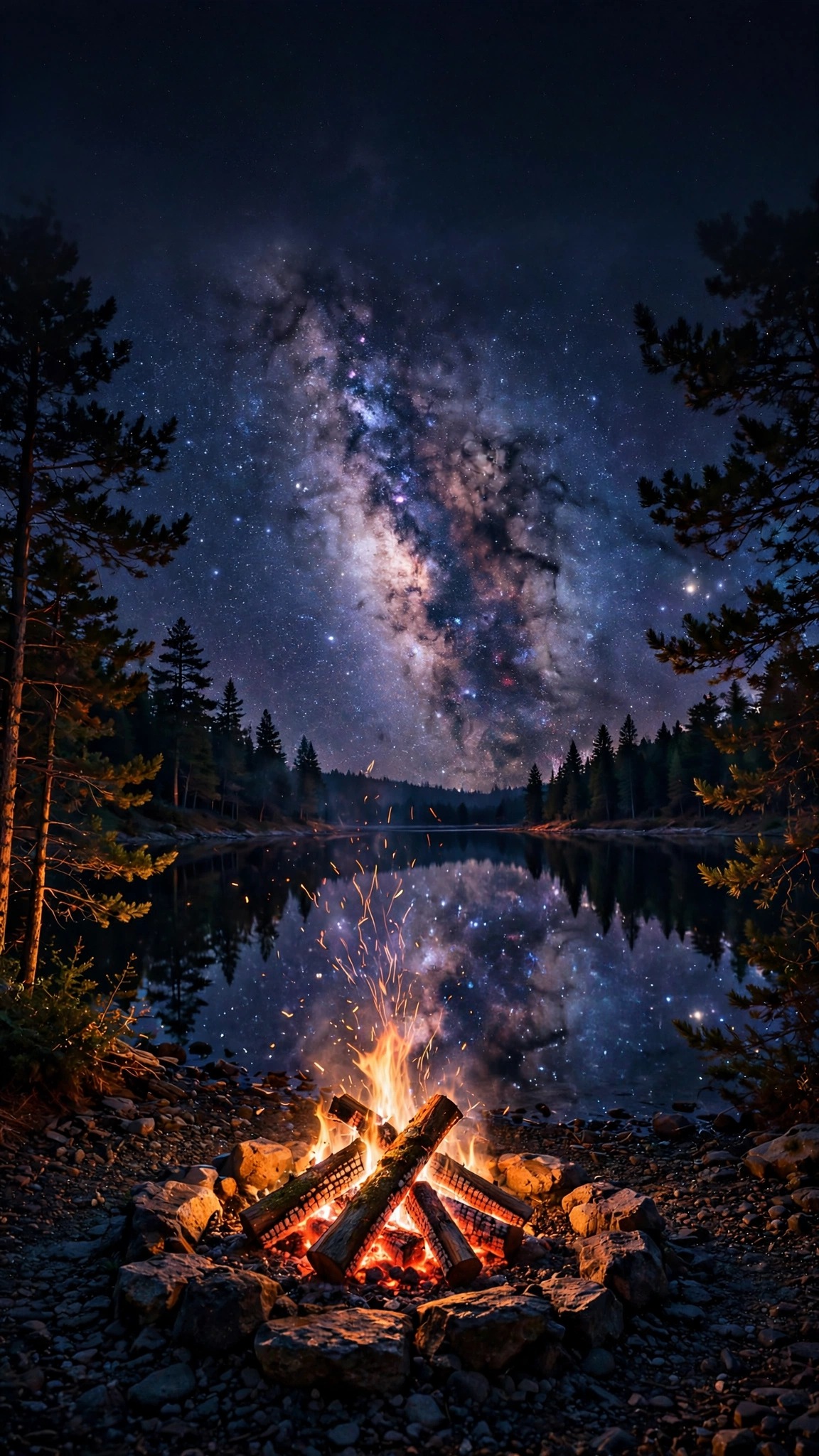 lakeside bonfire under the milky way wallpaper