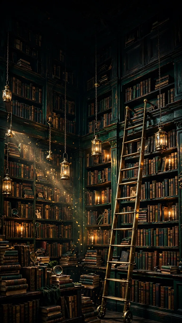 midnight bookstore with hanging lanterns wallpaper