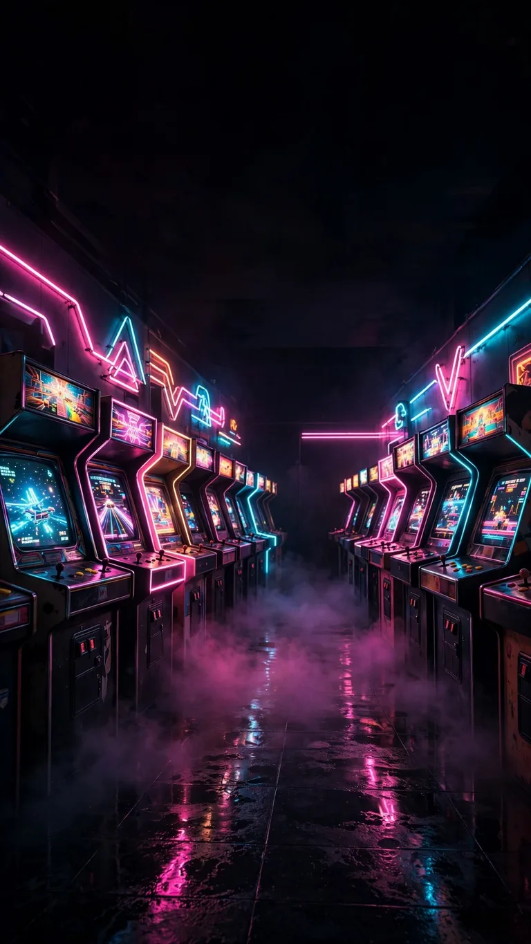 neon retro arcade cabinets at night wallpaper