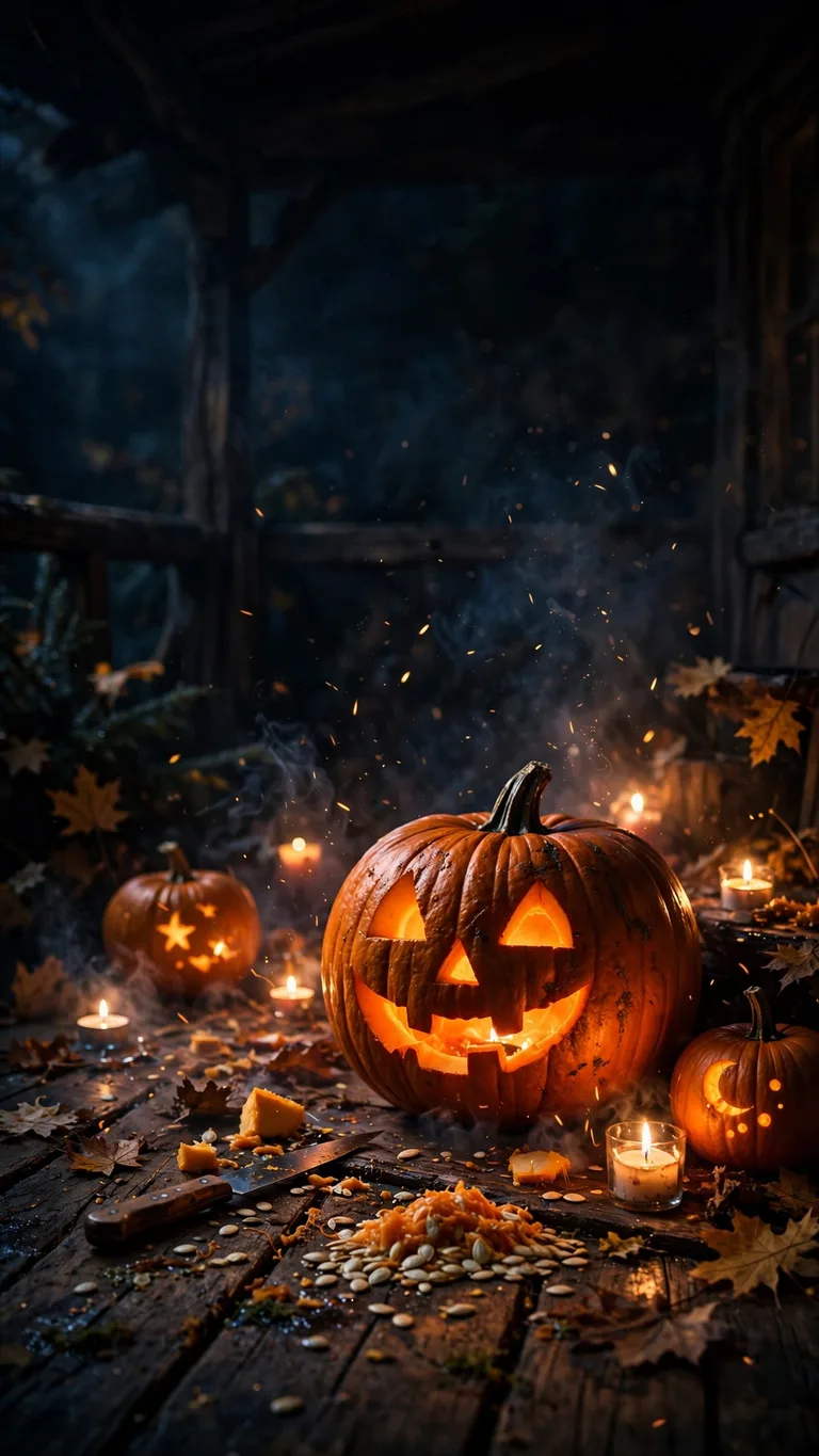 carved glowing pumpkin with candles at night wallpaper