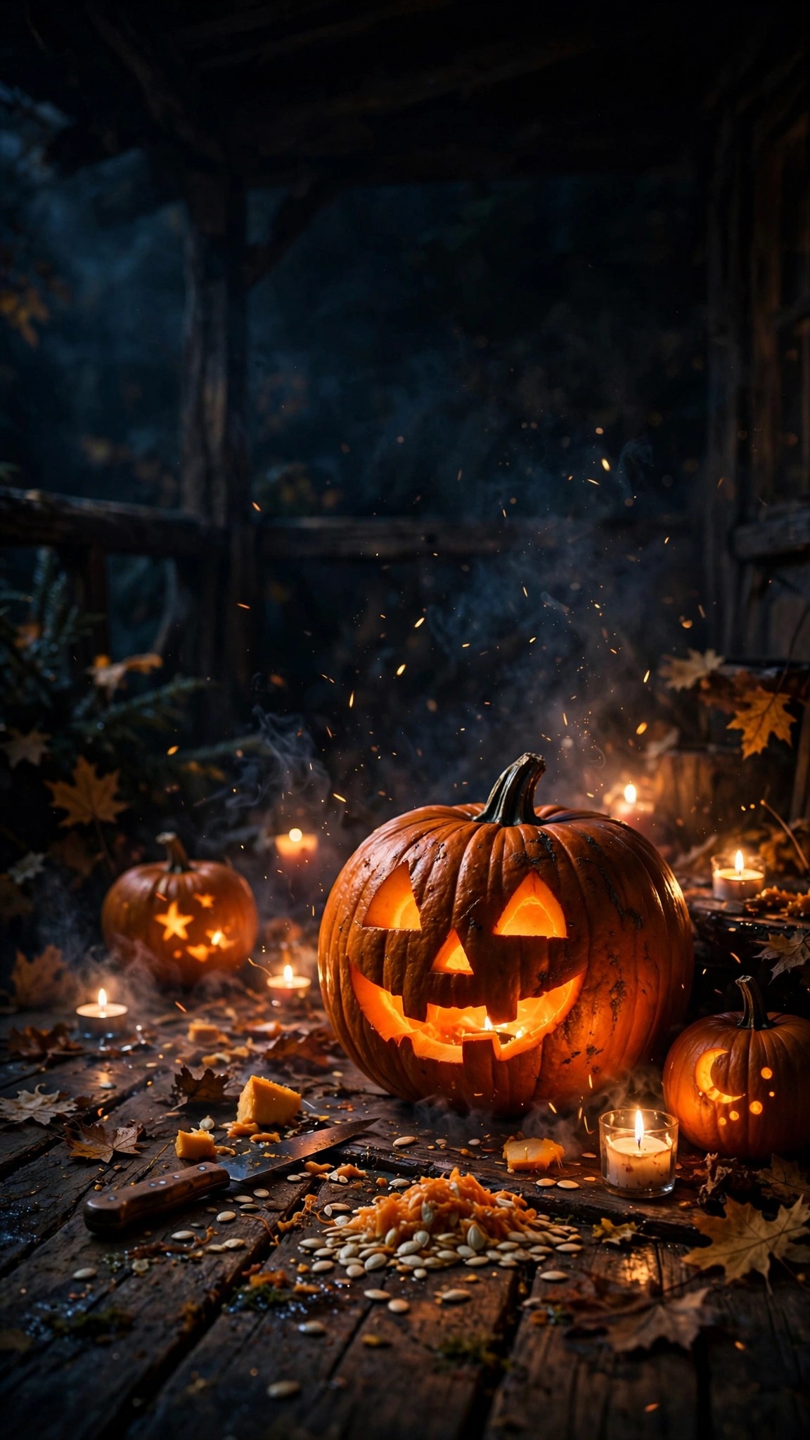 carved glowing pumpkin with candles at night wallpaper