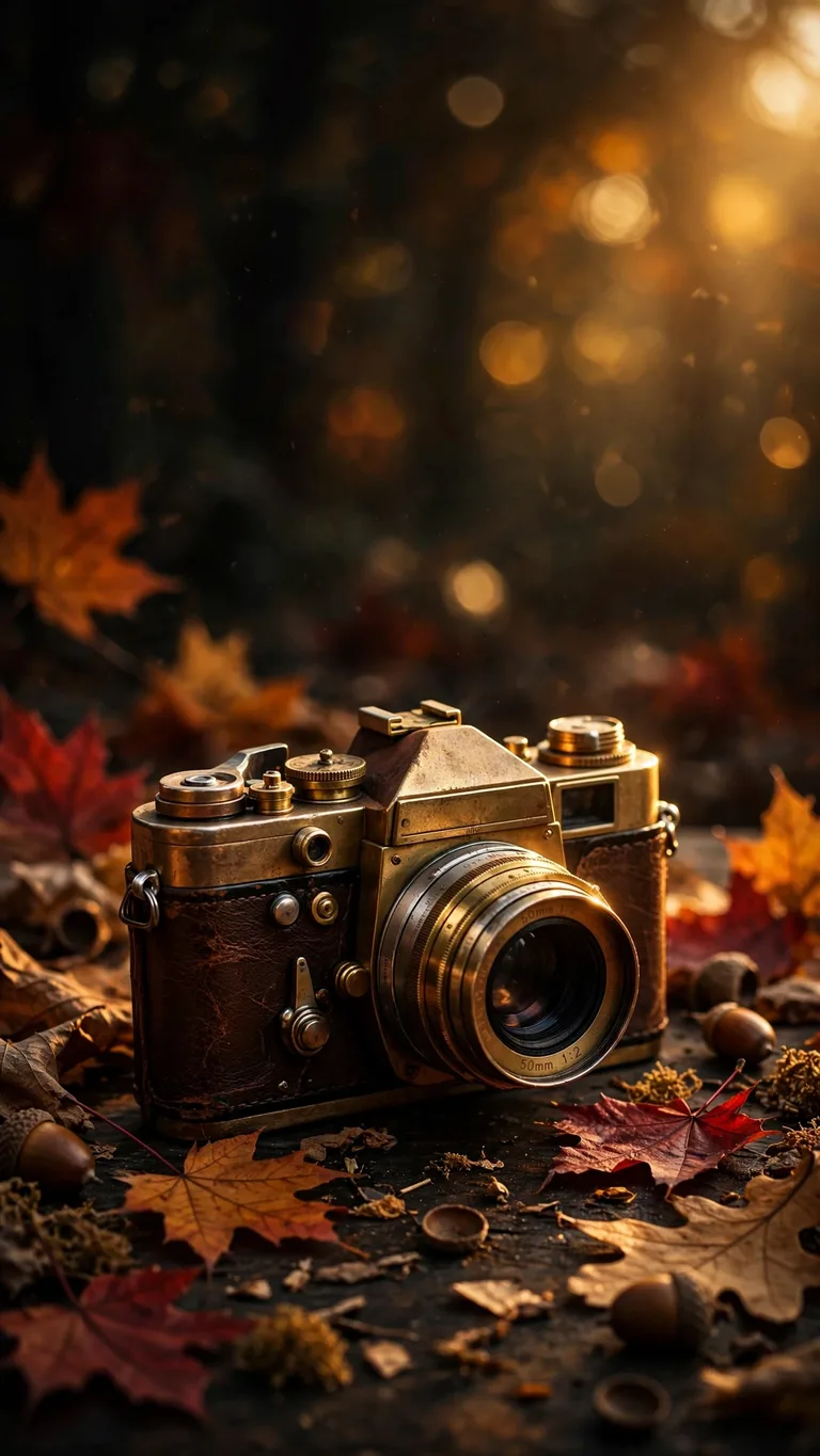vintage film camera among autumn leaves wallpaper