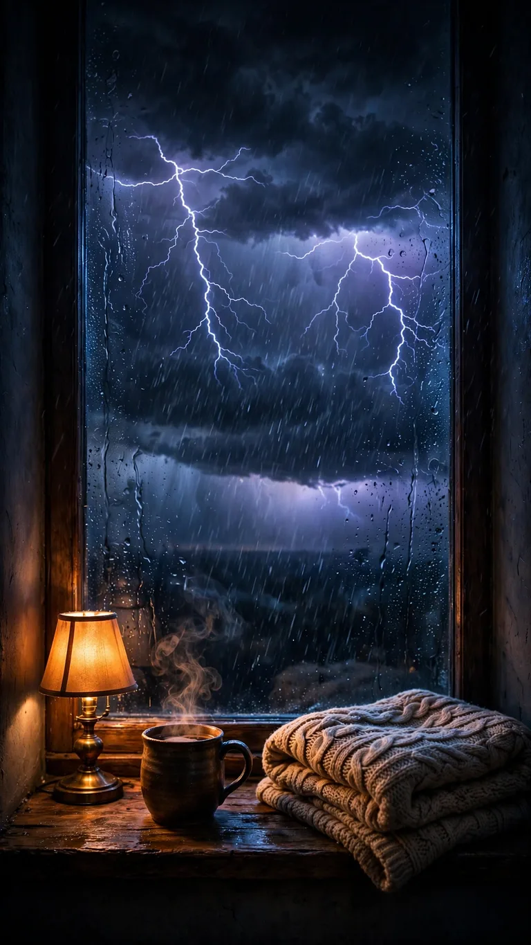 thunderstorm lightning behind a cozy window nook wallpaper