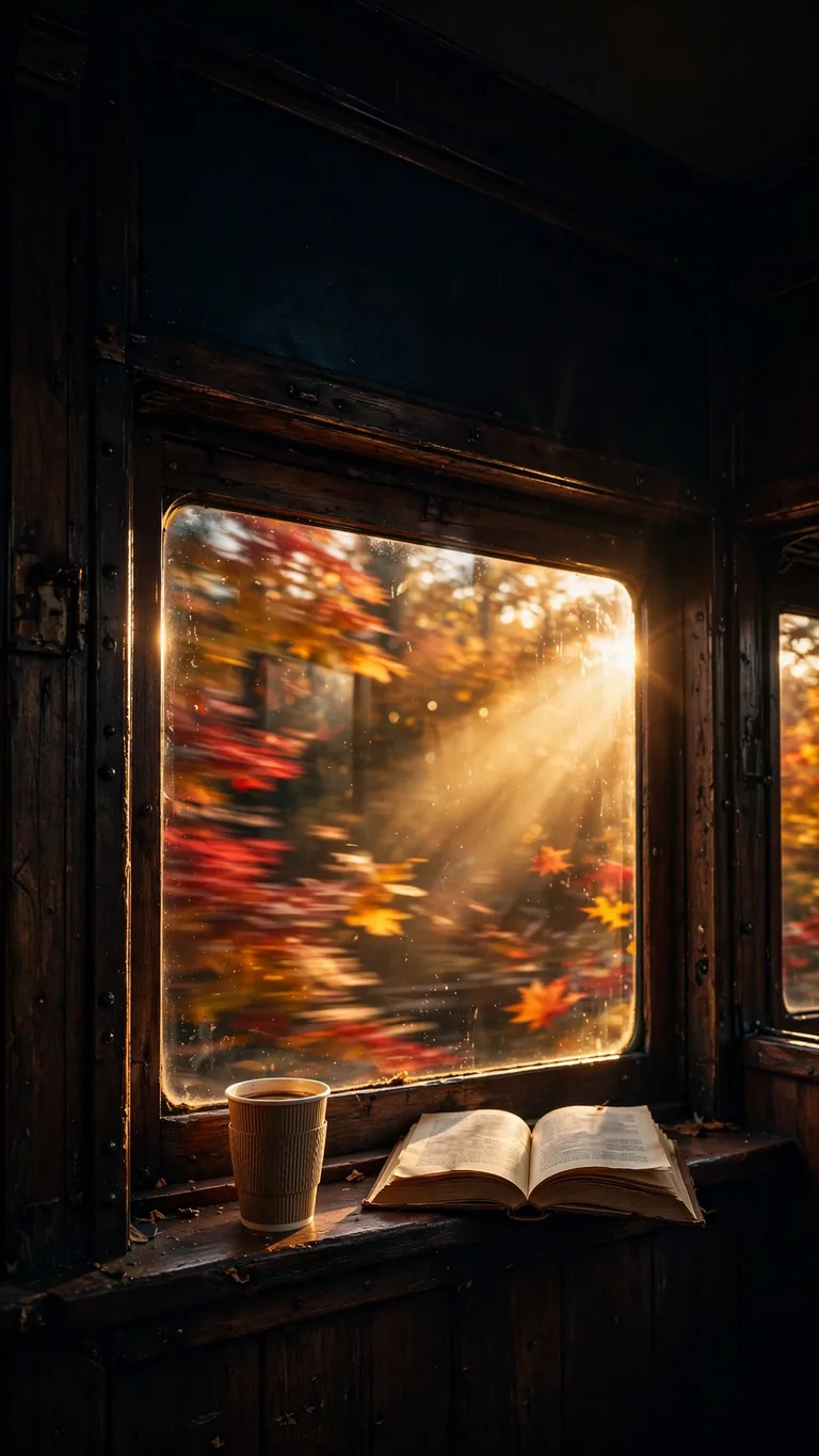train window view of autumn forest with book wallpaper