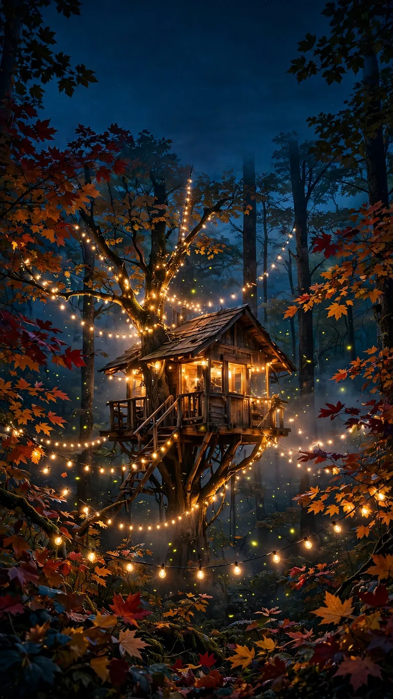 treehouse with string lights in autumn forest dusk wallpaper