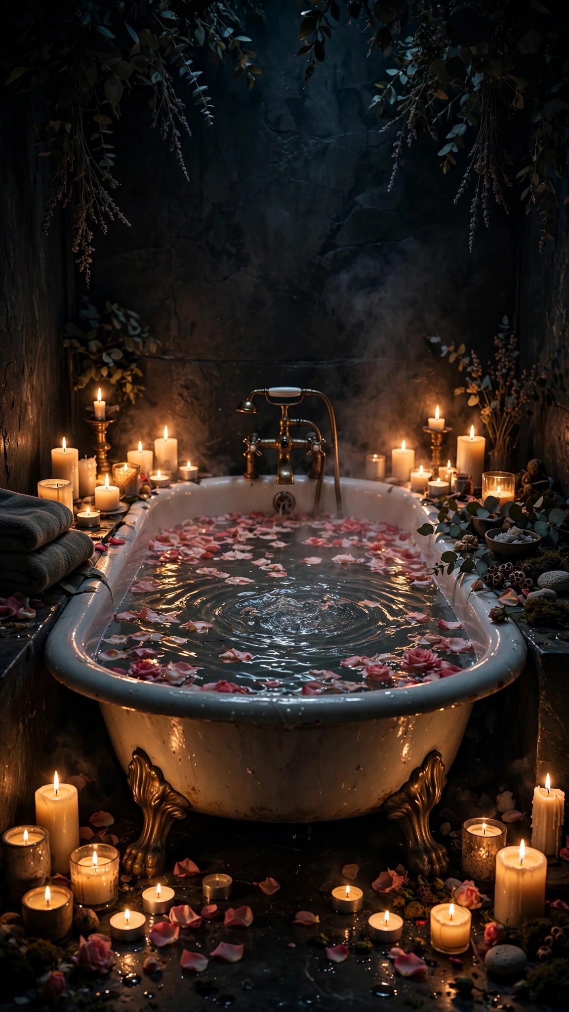 Candlelit vintage bath tub with rose petals
