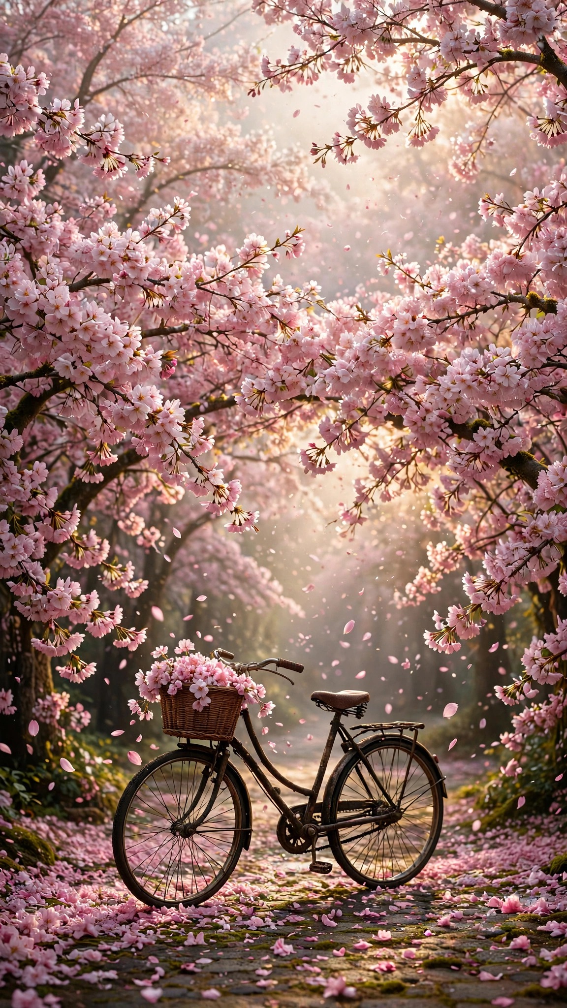 Cherry blossom petal tunnel with vintage bicycle