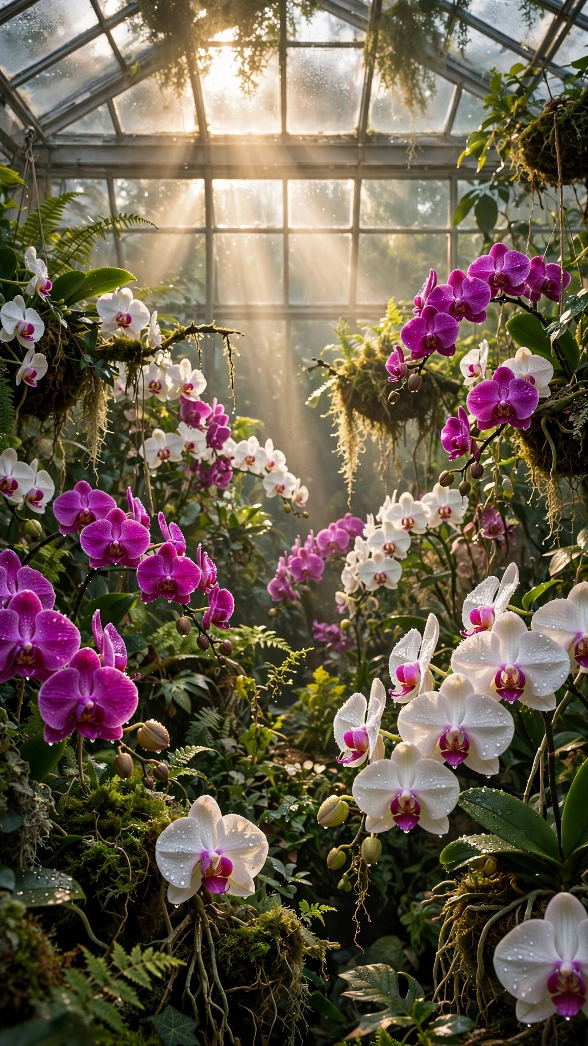 Orchids in a sunlit greenhouse with light beams